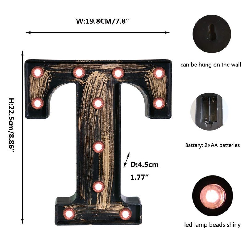 OYCBUZO Golden Black Led Marquee Letter - Industrial, Vintage Style Light Up Alphabet Letter Sign for Cafe Wedding Birthday Party Christmas Lamp Home Bar Initials Decor - T - Image 5